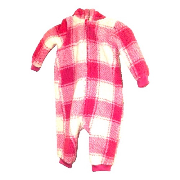 Carters Pink White Soft Plaid Sherpa Hooded Jumpsuit, snuggly bear ears 6mo NWT - Picture 4 of 12